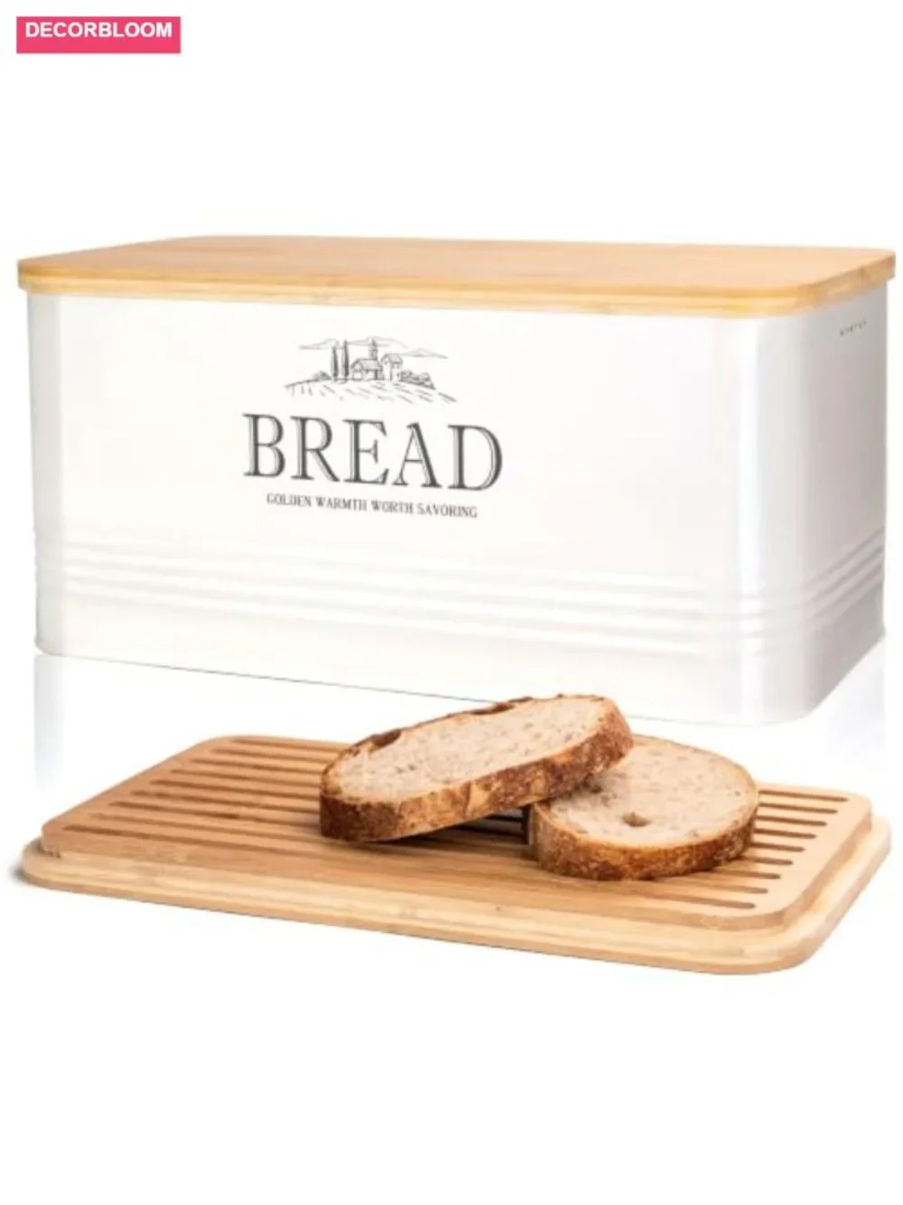 Metal Bread Box with Bamboo Lid Farmhouse Kitchen Storage